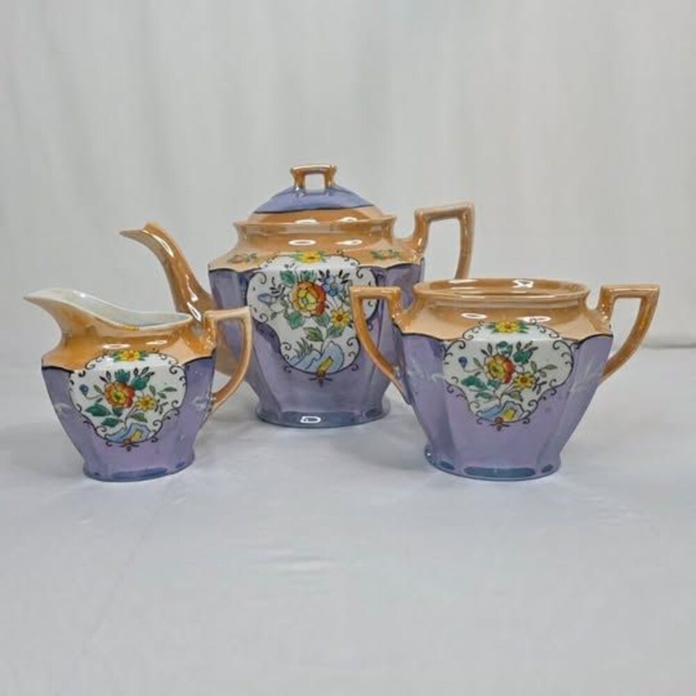 Vintage Takito Japan Lusterware Tea Set | 3 Pc Peach Blue Floral | 1920s-1940s - Picture 3 of 10